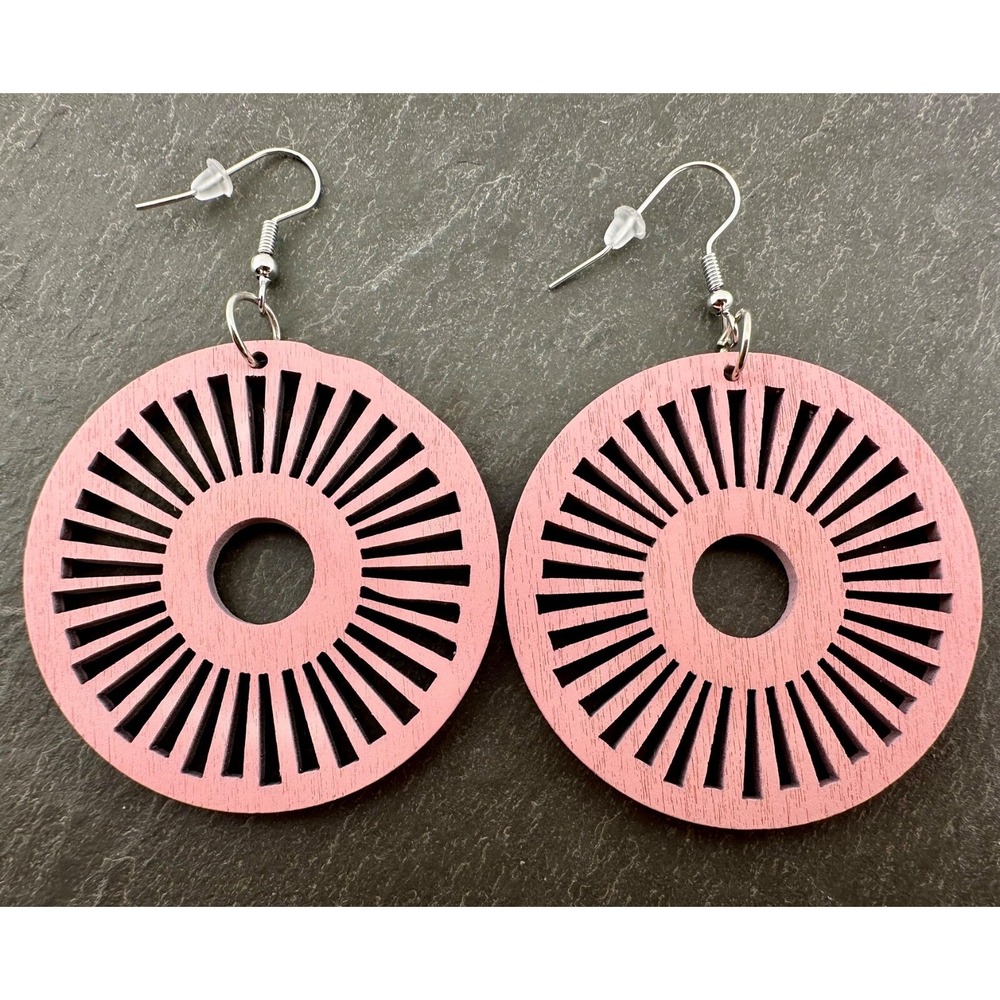 Pink Stained Laser Cut Wood Bohemian Wagon Wheel Earrings
